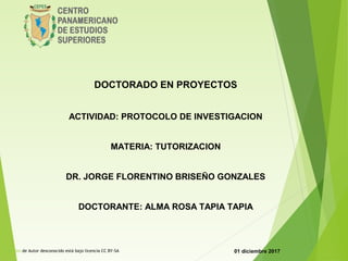 DOCTORADO EN PROYECTOS
ACTIVIDAD: PROTOCOLO DE INVESTIGACION
MATERIA: TUTORIZACION
DR. JORGE FLORENTINO BRISEÑO GONZALES
DOCTORANTE: ALMA ROSA TAPIA TAPIA
01 diciembre 2017Esta foto de Autor desconocido está bajo licencia CC BY-SA
 