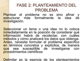 FASE 2: PLANTEAMIENTO DEL
PROBLEMA
Plantear el problema no es sino afinar y
estructurar más formalmente la idea de
investi...