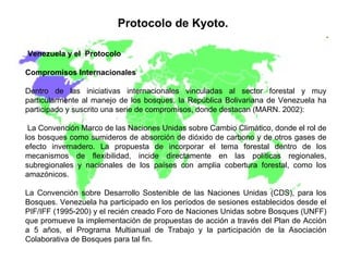 Protocolo de Kyoto.   Venezuela y el  Protocolo Compromisos Internacionales Dentro de las iniciativas internacionales vinculadas al sector forestal y muy particularmente al manejo de los bosques, la República Bolivariana de Venezuela ha participado y suscrito una serie de compromisos, donde destacan (MARN. 2002): La Convención Marco de las Naciones Unidas sobre Cambio Climático, donde el rol de los bosques como sumideros de absorción de dióxido de carbono y de otros gases de efecto invernadero. La propuesta de incorporar el tema forestal dentro de los mecanismos de flexibilidad, incide directamente en las políticas regionales, subregionales y nacionales de los países con amplia cobertura forestal, como los amazónicos.  La Convención sobre Desarrollo Sostenible de las Naciones Unidas (CDS), para los Bosques. Venezuela ha participado en los períodos de sesiones establecidos desde el PIF/IFF (1995-200) y el recién creado Foro de Naciones Unidas sobre Bosques (UNFF) que promueve la implementación de propuestas de acción a través del Plan de Acción a 5 años, el Programa Multianual de Trabajo y la participación de la Asociación Colaborativa de Bosques para tal fin.  
