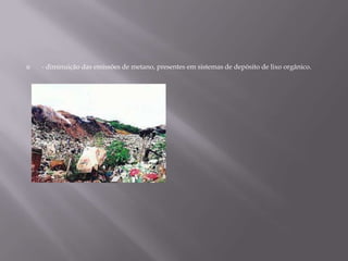 - diminuição das emissões de metano, presentes em sistemas de depósito de lixo orgânico. 