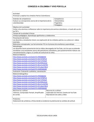 CONOZCO A COLOMBIA Y VIVO POR ELLA

Actividad:
Promover y explicar los símbolos Patrios Colombianos
Estándar de competencia:
Evaluar sus concepciones acerca de la importancia de la
colombianidad.

Competencia:
Interpretativa
Pragmática
Pedagógica

Objetivo de la actividad:
Invitar a los alumnos a reflexionar sobre la importancia de sentirse colombiano, a través del uso de
las TIC’s.
Tiempo de la actividad: 4 horas
Enfoque pedagógico: Aprendizaje significativo y colaborativo.
Presentación del tema:
Los docentes y estudiantes tienen una explicación de los símbolos patrios y su cultura en videos
tutoriales.
Referentes conceptuales: Las herramientas TIC en el proceso de enseñanza y aprendizaje.
Metodología:
Los docentes hacen presentación de los videos descargados de YouTube, con los que se pretende
sensibilizar a los estudiantes acerca del patriotismo colombiano, para posteriormente realizar una
retroalimentación y lograr un cambio de actitud de los niños.
Material didáctico:
http://www.youtube.com/watch?v=lfI6QI8ghbk
http://www.youtube.com/watch?v=bkr7Z7NfTz0
http://www.youtube.com/watch?v=heY-VF3OxZI
http://www.youtube.com/watch?v=Re239AoAzbI
http://www.youtube.com/watch?v=Bnu3-et3HTM
http://www.youtube.com/watch?v=hS-yApmY8n4
http://www.youtube.com/watch?v=tAdEAlgfqNE
Evaluación: Evaluación cualitativa, coevaluación.
Material bibliográfico:
http://www.youtube.com/watch?v=lfI6QI8ghbk
http://www.youtube.com/watch?v=bkr7Z7NfTz0
http://www.youtube.com/watch?v=heY-VF3OxZI
http://www.youtube.com/watch?v=Re239AoAzbI
http://www.youtube.com/watch?v=Bnu3-et3HTM
http://www.youtube.com/watch?v=hS-yApmY8n4
http://www.youtube.com/watch?v=tAdEAlgfqNE
Recursos tic a utilizar:
Recursos tic a utilizar:
Televisor, Computador Portatil, Amplificador
Explorador de internet, Canales de YouTube
de sonido
Reproductor de audio y video
Productos:
Elaboración de carteleras y fichas donde se evidencie la práctica de los cambios de actitud.

ESCUELA RURAL AGUA LINDA

 