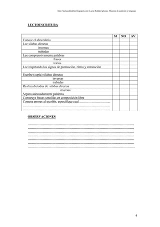 http://laclasedehablar.blogspot.com/ Lucía Roldán Iglesias. Maestra de audición y lenguaje




   LECTOESCRITURA


                                                                                          SI      NO          AV
Conoce el abecedario
Lee silabas directas
            inversas
            trabadas
Lee comprensivamente palabras
                       frases
                       textos
Lee respetando los signos de puntuación, ritmo y entonación

Escribe (copia) silabas directas
                        inversas
                        trabadas
Realiza dictados de silabas directas
                              inversas
Separa adecuadamente palabras
Construye frases sencillas en composición libre
Comete errores al escribir, especifique cual………………………...
………………………………………………………………………
………………………………………………………………………

   OBSERVACIONES

   ………………………………………………………………………………………
   ………………………………………………………………………………………
   ………………………………………………………………………………………
   ………………………………………………………………………………………
   ………………………………………………………………………………………
   ………………………………………………………………………………………
   ……………………………………………………………………………………….




                                                                                                                   4
 