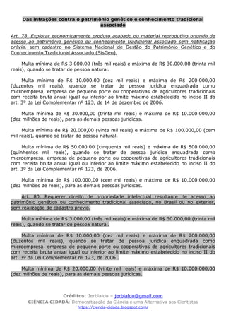 Créditos: Jerbialdo – jerbialdo@gmail.com
CIÊNCIA CIDADÃ: Democratização da Ciência e uma Alternativa aos Cientistas
https://ciencia-cidada.blogspot.com/
Das infrações contra o patrimônio genético e conhecimento tradicional
associado
Art. 78. Explorar economicamente produto acabado ou material reprodutivo oriundo de
acesso ao patrimônio genético ou conhecimento tradicional associado sem notificação
prévia, sem cadastro no Sistema Nacional de Gestão do Patrimônio Genético e do
Conhecimento Tradicional Associado (SisGen).
Multa mínima de R$ 3.000,00 (três mil reais) e máxima de R$ 30.000,00 (trinta mil
reais), quando se tratar de pessoa natural.
Multa mínima de R$ 10.000,00 (dez mil reais) e máxima de R$ 200.000,00
(duzentos mil reais), quando se tratar de pessoa jurídica enquadrada como
microempresa, empresa de pequeno porte ou cooperativas de agricultores tradicionais
com receita bruta anual igual ou inferior ao limite máximo estabelecido no inciso II do
art. 3º da Lei Complementar nº 123, de 14 de dezembro de 2006.
Multa mínima de R$ 30.000,00 (trinta mil reais) e máxima de R$ 10.000.000,00
(dez milhões de reais), para as demais pessoas jurídicas.
Multa mínima de R$ 20.000,00 (vinte mil reais) e máxima de R$ 100.000,00 (cem
mil reais), quando se tratar de pessoa natural.
Multa mínima de R$ 50.000,00 (cinquenta mil reais) e máxima de R$ 500.000,00
(quinhentos mil reais), quando se tratar de pessoa jurídica enquadrada como
microempresa, empresa de pequeno porte ou cooperativas de agricultores tradicionais
com receita bruta anual igual ou inferior ao limite máximo estabelecido no inciso II do
art. 3º da Lei Complementar nº 123, de 2006.
Multa mínima de R$ 100.000,00 (cem mil reais) e máxima de R$ 10.000.000,00
(dez milhões de reais), para as demais pessoas jurídicas.
Art. 80. Requerer direito de propriedade intelectual resultante de acesso ao
patrimônio genético ou conhecimento tradicional associado, no Brasil ou no exterior,
sem realização de cadastro prévio.
Multa mínima de R$ 3.000,00 (três mil reais) e máxima de R$ 30.000,00 (trinta mil
reais), quando se tratar de pessoa natural.
Multa mínima de R$ 10.000,00 (dez mil reais) e máxima de R$ 200.000,00
(duzentos mil reais), quando se tratar de pessoa jurídica enquadrada como
microempresa, empresa de pequeno porte ou cooperativas de agricultores tradicionais
com receita bruta anual igual ou inferior ao limite máximo estabelecido no inciso II do
art. 3º da Lei Complementar nº 123, de 2006 .
Multa mínima de R$ 20.000,00 (vinte mil reais) e máxima de R$ 10.000.000,00
(dez milhões de reais), para as demais pessoas jurídicas.
 