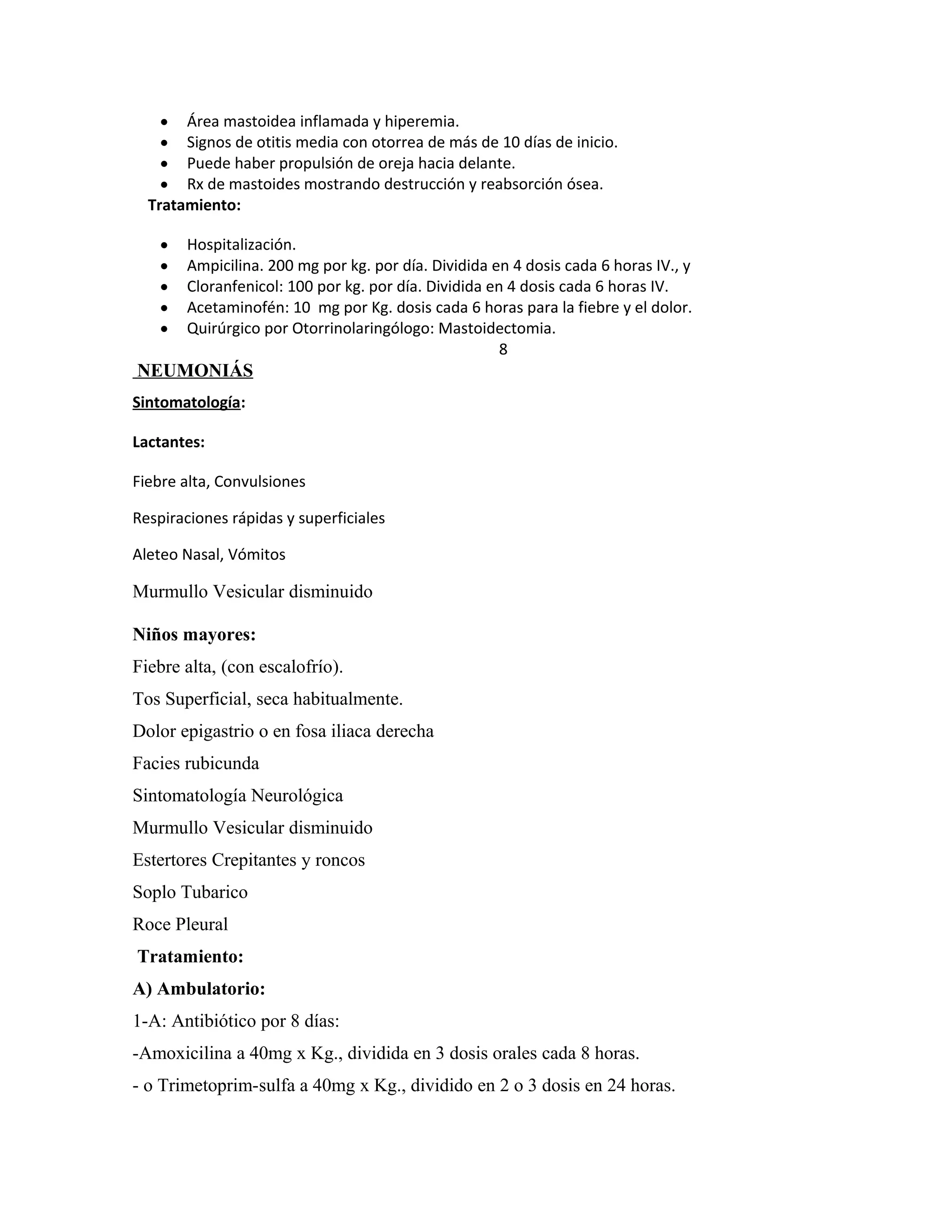 Área mastoidea inflamada y hiperemia.
Signos de otitis media con otorrea de más de 10 días de inicio.
Puede haber propulsión de oreja hacia delante.
Rx de mastoides mostrando destrucción y reabsorción ósea.
Tratamiento:
•
•
•
•

•
•
•
•
•

Hospitalización.
Ampicilina. 200 mg por kg. por día. Dividida en 4 dosis cada 6 horas IV., y
Cloranfenicol: 100 por kg. por día. Dividida en 4 dosis cada 6 horas IV.
Acetaminofén: 10 mg por Kg. dosis cada 6 horas para la fiebre y el dolor.
Quirúrgico por Otorrinolaringólogo: Mastoidectomia.
8

NEUMONIÁS
Sintomatología:
Lactantes:
Fiebre alta, Convulsiones
Respiraciones rápidas y superficiales
Aleteo Nasal, Vómitos

Murmullo Vesicular disminuido
Niños mayores:
Fiebre alta, (con escalofrío).
Tos Superficial, seca habitualmente.
Dolor epigastrio o en fosa iliaca derecha
Facies rubicunda
Sintomatología Neurológica
Murmullo Vesicular disminuido
Estertores Crepitantes y roncos
Soplo Tubarico
Roce Pleural
Tratamiento:
A) Ambulatorio:
1-A: Antibiótico por 8 días:
-Amoxicilina a 40mg x Kg., dividida en 3 dosis orales cada 8 horas.
- o Trimetoprim-sulfa a 40mg x Kg., dividido en 2 o 3 dosis en 24 horas.

 