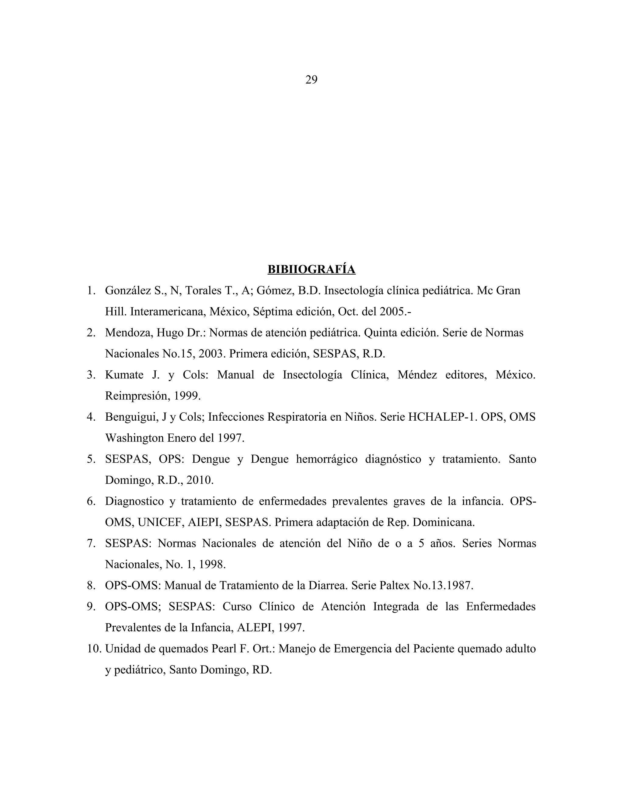 29

BIBIIOGRAFÍA
1. González S., N, Torales T., A; Gómez, B.D. Insectología clínica pediátrica. Mc Gran
Hill. Interamericana, México, Séptima edición, Oct. del 2005.2. Mendoza, Hugo Dr.: Normas de atención pediátrica. Quinta edición. Serie de Normas
Nacionales No.15, 2003. Primera edición, SESPAS, R.D.
3. Kumate J. y Cols: Manual de Insectología Clínica, Méndez editores, México.
Reimpresión, 1999.
4. Benguigui, J y Cols; Infecciones Respiratoria en Niños. Serie HCHALEP-1. OPS, OMS
Washington Enero del 1997.
5. SESPAS, OPS: Dengue y Dengue hemorrágico diagnóstico y tratamiento. Santo
Domingo, R.D., 2010.
6. Diagnostico y tratamiento de enfermedades prevalentes graves de la infancia. OPSOMS, UNICEF, AIEPI, SESPAS. Primera adaptación de Rep. Dominicana.
7. SESPAS: Normas Nacionales de atención del Niño de o a 5 años. Series Normas
Nacionales, No. 1, 1998.
8. OPS-OMS: Manual de Tratamiento de la Diarrea. Serie Paltex No.13.1987.
9. OPS-OMS; SESPAS: Curso Clínico de Atención Integrada de las Enfermedades
Prevalentes de la Infancia, ALEPI, 1997.
10. Unidad de quemados Pearl F. Ort.: Manejo de Emergencia del Paciente quemado adulto
y pediátrico, Santo Domingo, RD.

 
