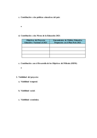 c. Contribución a las políticas educativas del país:

d. Contribución a las Metas de la Educación 2021:
Objetivos del Proyecto
Educativo Nacional al 2021
Lineamientos de Política Educativa
Propuestos en el Plan Perú 2021
e. Contribución con el Desarrollo de los Objetivos del Milenio (ODM):

2. Viabilidad del proyecto:
a. Viabilidad temporal.
b. Viabilidad social.
c. Viabilidad económica.
 