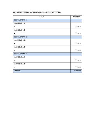 H. PRESUPUESTO Y CRONOGRAMA DEL PROYECTO
ITEM COSTO
RESULTADO 1
Actividad 1.1.
 S/. xx.xx
Actividad 1.2.
 S/. xx.xx
RESULTADO 2
Actividad 2.1.
 S/. xx.xx
Actividad 2.2.
 S/. xx.xx
RESULTADO 3
Actividad 3.1.
 S/. xx.xx
Actividad 3.2.
 S/. xx.xx
TOTAL s/. xxx.xx
 