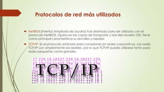 Protocolos de red más utilizados
 NetBEUI:(Interfaz Ampliada de Usuario) Fue diseñado para ser utilizado con el
protocolo NetBIOS. Opera en las capas de transporte y red del modelo OSI. Tiene
como principal característica su sencillez y rapidez.
 TCP/IP: Es el protocolo estándar para conexiones en redes corporativas. Las redes
TCP/IP son ampliamente escalables, por lo que TCP/IP puede utilizarse tanto para
redes pequeñas como grandes.

 