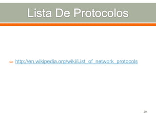    http://en.wikipedia.org/wiki/List_of_network_protocols




                                                             20
 