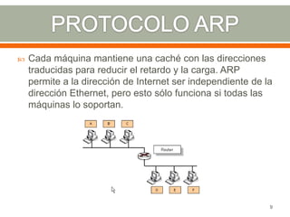    Cada máquina mantiene una caché con las direcciones
    traducidas para reducir el retardo y la carga. ARP
    permite a la dirección de Internet ser independiente de la
    dirección Ethernet, pero esto sólo funciona si todas las
    máquinas lo soportan.




                                                             9
 