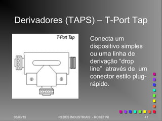 05/03/15 41REDES INDUSTRIAIS - RCBETINI
Derivadores (TAPS) – T-Port Tap
Conecta um
dispositivo simples
ou uma linha de
derivação “drop
line” através de um
conector estilo plug-
rápido.
 