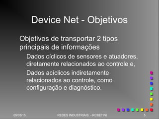 05/03/15 5REDES INDUSTRIAIS - RCBETINI
Device Net - Objetivos
Objetivos de transportar 2 tipos
principais de informações
Dados cíclicos de sensores e atuadores,
diretamente relacionados ao controle e,
Dados acíclicos indiretamente
relacionados ao controle, como
configuração e diagnóstico.
 