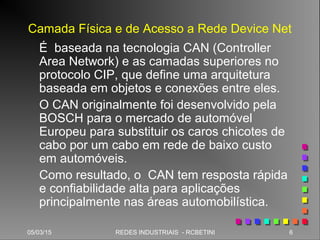 05/03/15 6REDES INDUSTRIAIS - RCBETINI
Camada Física e de Acesso a Rede Device Net
É baseada na tecnologia CAN (Controller
Area Network) e as camadas superiores no
protocolo CIP, que define uma arquitetura
baseada em objetos e conexões entre eles.
O CAN originalmente foi desenvolvido pela
BOSCH para o mercado de automóvel
Europeu para substituir os caros chicotes de
cabo por um cabo em rede de baixo custo
em automóveis.
Como resultado, o CAN tem resposta rápida
e confiabilidade alta para aplicações
principalmente nas áreas automobilística.
 