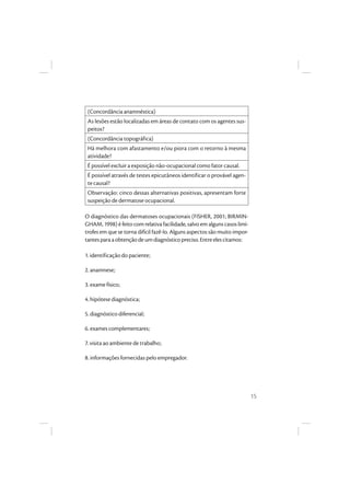 15
(Concordância anamnéstica)
As lesões estão localizadas em áreas de contato com os agentes sus-
peitos?
(Concordância topográfica)
Há melhora com afastamento e/ou piora com o retorno à mesma
atividade?
É possível excluir a exposição não-ocupacional como fator causal.
É possível através de testes epicutâneos identificar o provável agen-
te causal?
Observação: cinco dessas alternativas positivas, apresentam forte
suspeição de dermatose ocupacional.
O diagnóstico das dermatoses ocupacionais (FISHER, 2001; BIRMIN-
GHAM, 1998) é feito com relativa facilidade, salvo em alguns casos limí-
trofes em que se torna difícil fazê-lo. Alguns aspectos são muito impor-
tantesparaaobtençãodeumdiagnósticopreciso.Entreelescitamos:
1. identificação do paciente;
2. anamnese;
3. exame físico;
4. hipótese diagnóstica;
5. diagnóstico diferencial;
6. exames complementares;
7. visita ao ambiente de trabalho;
8. informações fornecidas pelo empregador.
 