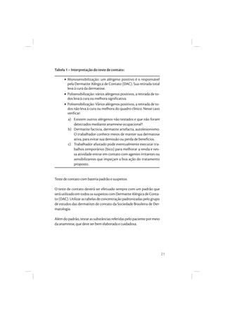 21
Tabela 1 – Interpretação do teste de contato:
• Monosensibilização: um alérgeno positivo é o responsável
pela Dermatite Alérgica de Contato (DAC). Sua retirada total
leva à cura da dermatose.
• Polisensibilização: vários alérgenos positivos, a retirada de to-
dos leva à cura ou melhora significativa.
• Polisensibilização: Vários alérgenos positivos, a retirada de to-
dos não leva à cura ou melhora do quadro clínico. Nesse caso
verificar:
a) Existem outros alérgenos não testados e que não foram
detectados mediante anamnese ocupacional?
b) Dermatite facticia, dermatite artefacta, autolesionismo.
O trabalhador conhece meios de manter sua dermatose
ativa, para evitar sua demissão ou perda de benefícios.
c) Trabalhador afastado pode eventualmente executar tra-
balhos temporários (bico) para melhorar a renda e nes-
sa atividade entrar em contato com agentes irritantes ou
sensibilizantes que impeçam a boa ação do tratamento
proposto.
Teste de contato com bateria padrão e suspeitos
O teste de contato deverá ser efetuado sempre com um padrão que
seráutilizadoemtodosossuspeitoscomDermatiteAlérgicadeConta-
to(DAC).Utilizarastabelasdeconcentraçãopadronizadaspelogrupo
de estudos das dermatites de contato da Sociedade Brasileira de Der-
matologia.
Além do padrão, testar as substâncias referidas pelo paciente por meio
da anamnese, que deve ser bem elaborada e cuidadosa.
 