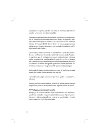 22
Os alérgenos suspeitos, obtidos por meio da anamnese, deverão ser
testados juntamente com bateria padrão.
Todas as precauções devem ser tomadas quando se testam substân-
cias de composição desconhecida. O teste deverá ser proposto sem-
pre que houver suspeita ou evidência de que se trata de uma Dematite
Alérgica de Contato (DAC). O teste deverá ser executado por pessoal
previamentetreinadoesualeituraeinterpretaçãoefetuadaporprofis-
sional qualificado. Tabela 1.
Observação:omédico envolvidonoatendimentoàsaúdedotrabalha-
dor deve conhecer o ambiente de trabalho de cada atividade. Para tan-
to sugerimos que ele tenha pelo menos um ou dois dias por mês para
conhecer os locais de trabalho, a fim de entender melhor os agravos
que o trabalhador possa sofrer naquela atividade específica. Nessas vi-
sitas ele deve se inteirar dos agentes químicos que estão presentes nas
atividades em especial e seu potencial de agressividade para a pele.
A obtenção de dados das substâncias por meio de sua ficha técnica é
importante para se conhecer dados mais precisos.
Manter boa articulação com os serviços locais ligados à Saúde do Tra-
balhador.
Informações importantes sobre as substâncias químicas e dermatoses
ocupacionaispoderãoserencontradasnosseguintesbancosdedados:
2.4 Visita ao ambiente de trabalho
A inspeção do local de trabalho pode nos fornecer dados importan-
tes sobre as condições em que o trabalho é executado. Agentes poten-
cialmenteirritantesoualergênicospoderãoseridentificadoseomodo
como chegam até a pele do trabalhador.
 