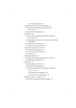 3.2.1.2 Tratamento sistêmico, 31
3.3 Dermatite de contato com fotossensibilização, 32
3.3.1 Dermatites causadas pela radiação ultravioleta:
CID - 1L56, 32
3.3.2 Quadro clínico e diagnóstico, 34
3.4 Ulcerações, 36
3.4.1 Úlcera crônica da pele não classificada em outra parte
CID - 10 L98.4, 36
3.4.2 Epidemiologia – fatores de risco de natureza ocupacional
conhecidos, 37
3.4.3 Quadro clínico e diagnóstico, 37
3.4.4 Tratamento e outras condutas, 38
3.5 Urticária de contato CID - 10 L50.6, 39
3.5.1 Quadro clínico e diagnóstico, 40
3.5.2 Tratamento e outras condutas, 40
3.5.3 Prevenção, 40
3.6 Erupções acneiformes, 42
3.6.1 Elaioconiose ou dermatite folicular CID - 10 L72.8, 42
3.6.2 Quadro clínico e diagnóstico, 42
3.7 Discromias, 43
3.7.1 Melanodermia CID - 10 L81.4, 44
3.7.2 Quadro clínico e diagnóstico, 44
3.7.3 Leucodermia ocupacional (inclui vitiligo ocupacional)
CID - 10 – l81.5, 45
3.7.3.1 Quadro clínico e diagnóstico, 46
3.7.3.2 Tratamento e outras condutas, 46
3.8 Distrofias ungueais – onicopatias, 46
3.8.1 Onicopatias causadas por agentes biológicos, 47
 
