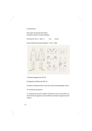 68
6. Exame físico
Descrição e localização das lesões:
Assinale no boneco as áreas afetadas.
Há simetria? Sim ( ) Não ( ) Cor Forma
Existe impotência da área afetada? ( ) Sim ( )Não
7. Hipótese diagnóstica; CID-10
8. Diagnóstico diferencial; CID -10
9. Exames complementares: testes de contato, histopatologia, outros.
10. Tratamento proposto:
11. Inspeção do local de trabalho. Quando for útil e para melhor co-
nhecimentodosagentesemeioambienteenvolvidosnagênesedader-
matose.
direitodireito
esquerdo
esquerdo
 