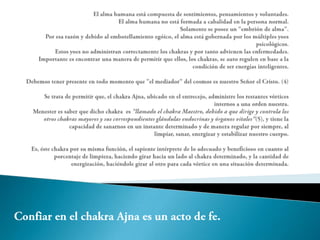 El alma humana está compuesta de sentimientos, pensamientos y voluntades.El alma humana no está formada a cabalidad en la persona normal.Solamente se posee un "embrión de alma".Por esa razón y debido al embotellamiento egóico, el alma está gobernada por los múltiples yoes psicológicos.Estos yoes no administran correctamente los chakras y por tanto advienen las enfermedades.Importante es encontrar una manera de permitir que ellos, los chakras, se auto regulen en base a la condición de ser energías inteligentes. Debemos tener presente en todo momento que "el mediador" del cosmos es nuestro Señor el Cristo. (4) Se trata de permitir que, el chakra Ajna, ubicado en el entrecejo, administre los restantes vórtices internos a una orden nuestra.Menester es saber que dicho chakra  es "llamado el chakra Maestro, debido a que dirige y controla los otros chakras mayores y sus correspondientes glándulas endocrinas y órganos vitales"(5), y tiene la capacidad de sanarnos en un instante determinado y de manera regular por siempre, al limpiar, sanar, energizar y estabilizar nuestro cuerpo. Es, éste chakra por su misma función, el sapiente intérprete de lo adecuado y beneficioso en cuanto al porcentaje de limpieza, haciendo girar hacia un lado al chakra determinado, y la cantidad de energización, haciéndole girar al otro para cada vórtice en una situación determinada.Confiar en el chakra Ajna es un acto de fe. 