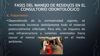 FASES DEL MANEJO DE RESIDUOS EN EL
CONSULTORIO ODONTOLÓGICO
6. Tratamiento:
• Dependiendo de la normatividad vigente, se
recomienda incinerar debidamente todo el material
potencialmente infectado. Para ello, se requiere de
una infraestructura y sistemas orientados hacia
causar el menor impacto posible en el medio
ambiente.
 