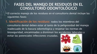 FASES DEL MANEJO DE RESIDUOS EN EL
CONSULTORIO ODONTOLÓGICO
• El correcto manejo de los residuos en el consultorio dental incluye las
siguientes fases:
1. Identificación de los residuos: todos los miembros del
consultorio dental deben estar al tanto de la peligrosidad del manejo
inadecuado de la basura odontológica y respetar las normas de
bioseguridad, encaminadas a disminuir los accidentes laborales y
evitar las potenciales infecciones cruzadas.
 