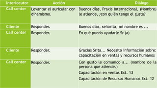 Interlocutor Acción Diálogo 
Call center Levantar el auricular con 
dinamismo. 
Buenos días, Praxis Internacional, (Nombre) 
le atiende, ¿con quién tengo el gusto? 
Cliente Responder. Buenos días, señorita, mi nombre es ... 
Call center Responder. En qué puedo ayudarle Sr.(a) 
Cliente Responder. Gracias Srita... Necesito información sobre: 
capacitación en ventas y recursos humanos 
Call center Responder. Con gusto le comunico a... (nombre de la 
persona que atiende.) 
Capacitación en ventas Ext. 13 
Capacitación de Recursos Humanos Ext. 12 
 