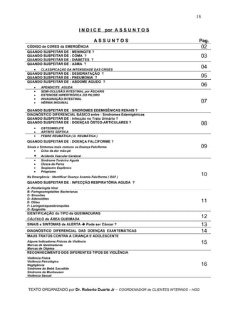 I N D I C E por A S S U N T O S
A S S U N T O S Pag.
CÓDIGO de CORES da EMERGÊNCIA 02
QUANDO SUSPEITAR DE : MENINGITE ?
QUANDO SUSPEITAR DE : COMA ?
QUANDO SUSPEITAR DE : DIABETES ?
03
QUANDO SUSPEITAR DE : ASMA ?
• CLASSIFICAÇÃO DA INTENSIDADE DAS CRISES
04
QUANDO SUSPEITAR DE : DESIDRATAÇÃO ?
QUANDO SUSPEITAR DE : PNEUMONIA ? 05
QUANDO SUSPEITAR DE : ABDOME AGUDO ?
• APENDICITE AGUDA
06
• SEMI-OCLUSÃO INTESTINAL por ÁSCARIS
• ESTENOSE HIPERTRÓFICA DO PILORO
• INVAGINAÇÃO INTESTINAL
• HÉRNIA INGUINAL
QUANDO SUSPEITAR DE : SINDROMES EDEMIGÊNICAS RENAIS ?
07
DIAGNÓSTICO DIFERENCIAL BÁSICO entre : Síndromes Edemigênicas
QUANDO SUSPEITAR DE : Infecção no Trato Urinário ?
QUANDO SUSPEITAR DE : DOENÇAS ÓSTEO-ARTICULARES ?
• OSTEOMIELITE
• ARTRITE SÉPTICA
08
• FEBRE REUMÁTICA ( D. REUMÁTICA )
QUANDO SUSPEITAR DE : DOENÇA FALCIFORME ?
Sinais e Sintomas mais comuns na Doença Falciforme
• Crise da dor mão-pé
• Acidente Vascular Cerebral
09
• Sindrome Torácica Aguda
• Úlcera de Perna
• Seqüestro Esplênico
• Priapismo
Na Emergência : Identificar Doença Anemia Falciforme ( DAF )
QUANDO SUSPEITAR DE : INFECÇÃO RESPIRATÓRIA AGUDA ?
A- Rinofaringite Viral
10
B- Faringoamigdalites Bacterianas
C- Sinusites
D- Adenoidites
E- Otites
F- Laringotraqueobronquites
G- Epiglotite
11
IDENTIFICAÇÃO do TIPO de QUEIMADURAS
CÁLCULO de ÁREA QUEIMADA
12
SINAIS e SINTOMAS de ALERTA  Pode ser Câncer ? 13
DIAGNÓSTICO DIFERENCIAL DAS DOENÇAS EXANTEMÁTICAS 14
MAUS TRATOS CONTRA A CRIANÇA E ADOLESCENTE
Alguns Indicadores Físicos de Violência
Marcas de Queimaduras
Marcas de Objetos
15
RECONHECIMENTO DOS DIFERENTES TIPOS DE VIOLÊNCIA
Violência Física
Violência Psicológica
Negligência
Síndrome do Bebê Sacudido
Síndrome de Munhausen
Violência Sexual
16
TEXTO ORGANIZADO por Dr. Roberto Duarte Jr – COORDENADOR de CLIENTES INTERNOS – HGG
18
 
