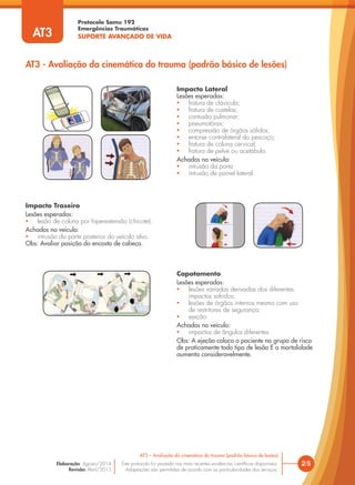 Impacto Lateral
Lesões esperadas:
• fratura de clávicula;
• fratura de costelas;
• contusão pulmonar;
• pneumotórax;
• compressão de órgãos sólidos;
• entorse contralateral do pescoço;
• fratura de coluna cervical;
• fratura de pelve ou acetábulo.
Achados no veículo:
• intrusão da porta
• intrusão de painel lateral
Capotamento
Lesões esperadas:
• lesões variadas derivadas dos diferentes
impactos sofridos;
• lesões de órgãos internos mesmo com uso
de restritores de segurança;
• ejeção.
Achados no veículo:
• impactos de ângulos diferentes
Obs: A ejeção coloca o paciente no grupo de risco
de praticamente todo tipo de lesão E a mortalidade
aumenta consideravelmente.
Impacto Traseiro
Lesões esperadas:
• lesão de coluna por hiperextensão (chicote).
Achados no veículo:
• intrusão da parte posterior do veículo alvo.
Obs: Avaliar posição do encosto de cabeça.
AT3 - Avaliação da cinemática do trauma (padrão básico de lesões)
Protocolo Samu 192
Emergências Traumáticas
SUPORTE AVANÇADO DE VIDA
2/5
AT3 – Avaliação da cinemática do trauma (padrão básico de lesões)
Este protocolo foi pautado nas mais recentes evidências científicas disponíveis.
Adaptações são permitidas de acordo com as particularidades dos serviços.
Elaboração: Agosto/2014
Revisão: Abril/2015
AT3
 