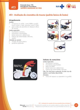 Atropelamento
Avaliar:
• 3 impactos no adulto: contra MMII e quadril;
tronco contra o capô; paciente contra o chão;
• peso e altura do paciente em relação à altura
do veículo.
Lesões esperadas:
• traumatismo craniano;
• traumatismo raquimedular;
• lesões torácicas e abdominais;
• fraturas das extremidades inferiores;
• ejeção.
Achados no veículo:
• intrusão da parte anterior.
• parabrisa quebrado.
Colisões de motocicleta
Lesões esperadas:
• traumatismo craniano;
• traumatismo raquimedular;
• lesão de MMII;
• lesões torácicas e abdominais;
• fraturas das extremidades inferiores;
Obs: Por não haver contenção, há alto risco de
ejeção e suas lesões decorrentes.
Achados:
• sinais de impacto no capacete e no guidão
AT3 - Avaliação da cinemática do trauma (padrão básico de lesões)
SUPORTE AVANÇADO DE VIDA
Protocolo Samu 192
Emergências Traumáticas
3/5
AT3 – Avaliação da cinemática do trauma (padrão básico de lesões)
Este protocolo foi pautado nas mais recentes evidências científicas disponíveis.
Adaptações são permitidas de acordo com as particularidades dos serviços.
Elaboração: Agosto/2014
Revisão: Abril/2015
AT3
 