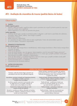 Protocolo Samu 192
Emergências Traumáticas
SUPORTE AVANÇADO DE VIDA
4/5
AT3 – Avaliação da cinemática do trauma (padrão básico de lesões)
Este protocolo foi pautado nas mais recentes evidências científicas disponíveis.
Adaptações são permitidas de acordo com as particularidades dos serviços.
Elaboração: Agosto/2014
Revisão: Abril/2015
Observações:
2. QUEDA:
Avaliar aspectos gerais:
• estimar a altura da queda, superfície sobre a qual o paciente caiu e qual a primeira parte do corpo que
entrou em contato com a superfície;
• alturas superiores a 3x a altura do paciente são graves.
Lesões esperadas:
• síndrome de Don Juan: quando as primeiras partes a atingirem o solo forem os pés (lesão de calcâneos,
tornozelos, tíbias, fíbulas, joelhos, ossos longos e quadril);
• traumatismo craniano;
• lesões torácicas e abdominais.
• se o paciente cair para a frente sobre as mãos espalmadas: Fratura de extremidades superiores.
• se cair de cabeça: Traumatismo raquimedular.
3. FERIMENTOS PENETRANTES:
Avaliar aspectos gerais:
• tipo de objeto: Alta energia (fusis e metralhadoras), média energia (revolveres e rifles) e baixa energia (faca
e picador de gelo);
• distância do agressor;
• armas de baixa energia: sexo do agressor, lesão=trajetória, arma foi removida? Órgãos próximos?;
• armas de média energia: a cavidade temporária é 3 a 5 x maior que o projétil considerar ainda perfil
desconhecido do projétil, rolamento e fragmentação;
• armas de alta energia: a cavidade temporária é até 25 x maior que o projétil considerar ainda perfil
desconhecido do projétil, rolamento e fragmentação;
• local do ferimento (único ou múltiplo?);
• características dos ferimentos externos.
4. LESÕES POR EXPLOSÃO:
Avaliar aspectos gerais:
LESÕES POR EXPLOSÃO
Primárias: onda de pressão atinge o paciente com
velocidades de até cerca três quilômetros/segundo.
Padrão de lesão: amputação traumática de membros,
sangramento pulmonar, pneumotórax, embolia gasosa,
laceração de pequenos vasos, rotura de tímpano, PCR
e explosão de pulmão.
Secundárias: paciente é atingido por fragmentos primários,
secundários ou ambos, que voam
e podem tornar-se projeteis.
Padrão de lesão: ferimentos penetrantes, lacerações
e fraturas, feridas cutâneas superficiais, lesões
torácicas e oculares.
Terciárias: quando o paciente é arremessada contra
um objeto (torna-se um projétil), podendo ser
atirada contra outros objetos ou ao chão.
Padrão de lesão: semelhantes às lesões que
ocorrem em pacientes ejetados de um carro ou
que caem de alturas significativas.
Quaternárias: lesões provocadas por calor
e gases oriundos da explosão.
Padrão de lesão: queimaduras, lesões por
inalação e até asfixia.
Quinárias: causadas por aditivos colocados nas bombas,
como bactérias, radiação e substâncias químicas e ataque
suicida com homem-bomba.
Padrão de lesão: lesões por encravamento por
restos humanos (ossos do homem bomba),
possíveis doenças infecciosas.
AT3 - Avaliação da cinemática do trauma (padrão básico de lesões)
AT3
 