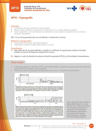 Protocolo Samu 192
Protocolos de Procedimentos
SUPORTE AVANÇADO DE VIDA
Este protocolo foi pautado nas mais recentes evidências científicas disponíveis.
Adaptações são permitidas de acordo com as particularidades dos serviços.
Elaboração: Janeiro/2016 1/1
AP10 – Capnografia
AP10
Indicação
• Confirmação do posicionamento do tubo traqueal
• Monitorização ventilatória complementar de pacientes com via aérea definitiva instalada
• Auxilio prognóstico e de monitorização da qualidade da ressuscitação cardiopulmonar e do retorno à
circulação espontânea
Obs.: O uso do equipamento deve ser considerado, se disponível no serviço.
Materiais e equipamento
• Equipamento de proteção individual obrigatório
• Capnógrafo (conforme modelo padronizado no serviço)
Procedimento
1. Após obtenção da via aérea definitiva, considerar a instalação do equipamento conforme instruções
contidas no manual do dispositivo disponível no serviço;
2. Registrar o valor do dióxido de carbono ao final da expiração (ETCO2
) na ficha/boletim de atendimento.
Observações
• O dispositivo fornece a medida do ETCO2
, permitindo analisar e registrar a pressão parcial do dióxido de
carbono (PETCO2
) durante o ciclo respiratório.
• Formas de onda da capnografia nas aplicações mais comuns no atendimento pré-hospitalar:
AP10 – Capnografia
50
37,5
25
12,5
0
50
37,5
25
12,5
0
Fonte: Hazinski MF, Nolan JP, Billi JE,
Böttiger BW, Bossaert L, de Caen
AR, et al. Part 1: Executive summary:
2010 International Consensus on
Cardiopulmonary Resuscitation
and Emergency Cardiovascular
Care Science with Treatment
Recommendations. Circulation.
2010;122(16 Suppl 2):S250-75.
 