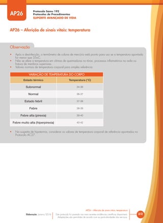 Protocolo Samu 192
Protocolos de Procedimentos
SUPORTE AVANÇADO DE VIDA
Este protocolo foi pautado nas mais recentes evidências científicas disponíveis.
Adaptações são permitidas de acordo com as particularidades dos serviços.
Elaboração: Janeiro/2016
AP26
AP26 – Aferição de sinais vitais: temperatura
2/2
AP26 – Aferição de sinais vitais: temperatura
Observação
• Após a desinfecção, o termômetro de coluna de mercúrio está pronto para uso se a temperatura apontada
for menor que 35oC.
• Não se afere a temperatura em vítimas de queimaduras no tórax, processos inflamatórios na axila ou
fratura de membros superiores.
• Valores normais de temperatura corporal para simples referência:
VARIAÇÃO DE TEMPERATURA DO CORPO
Estado térmico Temperatura (°C)
Subnormal 34-36
Normal 36-37
Estado febril 37-38
Febre 38-39
Febre alta (pirexia) 39-40
Febre muito alta (hiperpirexia) 40-42
• Na suspeita de hipotermia, considerar os valores de temperatura corporal de referência apontados no
Protocolo AC27.
 
