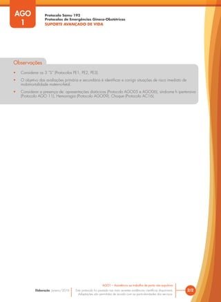 Protocolo Samu 192
Protocolos de Emergências Gineco-Obstétricas
SUPORTE AVANÇADO DE VIDA
Este protocolo foi pautado nas mais recentes evidências científicas disponíveis.
Adaptações são permitidas de acordo com as particularidades dos serviços.
Elaboração: Janeiro/2016
Observações
• Considerar os 3 ”S” (Protocolos PE1, PE2, PE3).
• O objetivo das avaliações primária e secundária é identificar e corrigir situações de risco imediato de
mobimortalidade materno-fetal.
• Considerar a presença de: apresentações distócicas (Protocolo AGO05 e AGO06), síndrome h ipertensiva
(Protocolo AGO 11), Hemorragia (Protocolo AGO09), Choque (Protocolo AC16).
2/2
AGO1 – Assistência ao trabalho de parto não expulsivo
AGO
1
 