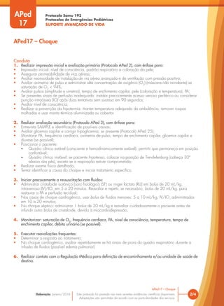 Protocolo Samu 192
Protocolos de Emergências Pediátricas
SUPORTE AVANÇADO DE VIDA
Este protocolo foi pautado nas mais recentes evidências científicas disponíveis.
Adaptações são permitidas de acordo com as particularidades dos serviços.
Elaboração: Janeiro/2016 2/4
APed17 – Choque
Conduta
1. Realizar impressão inicial e avaliação primária (Protocolo APed 2), com ênfase para:
• Impressão inicial: nível de consciência, padrão respiratório e coloração da pele;
• Assegurar permeabilidade de vias aéreas;
• Avaliar necessidade de instalação de via aérea avançada e de ventilação com pressão positiva;
• Avaliar oximetria de pulso e administrar alta concentração de oxigênio (O2
) (máscara não reinalante) se
saturação de O2
< 94%;
• Avaliar pulsos (amplitude e simetria), tempo de enchimento capilar, pele (coloração e temperatura), PA;
• Se presentes sinais de perfusão inadequada: instalar precocemente acesso venoso periférico ou considerar
punção intraóssea (IO) após duas tentativas sem sucesso em 90 segundos;
• Avaliar nível de consciência;
• Realizar a prevenção da hipotermia: manter temperatura adequada da ambulância, remover roupas
molhadas e usar manta térmica aluminizada ou cobertor.
2. Realizar avaliação secundária (Protocolo APed 3), com ênfase para:
• Entrevista SAMPLE e identificação de possíveis causas;
• Avaliar glicemia capilar e corrigir hipoglicemia, se presente (Protocolo APed 25);
• Monitorar PA, frequência cardíaca, oximetria de pulso, tempo de enchimento capilar, glicemia capilar e
diurese (se possível);
• Posicionar o paciente:
• Quadro clínico estável (consciente e hemodinamicamente estável): permitir que permaneça em posição
confortável;
• Quadro clínico instável: se paciente hipotenso, colocar na posição de Trendelenburg (cabeça 30°
abaixo dos pés), exceto se a respiração estiver comprometida;
• Realizar exame físico detalhado;
• Tentar identificar a causa do choque e iniciar tratamento específico.
3. Iniciar precocemente a ressuscitação com fluidos:
• Administrar cristaloide isotônico [soro fisiológico (SF) ou ringer lactato (RL)] em bolus de 20 mL/kg,
intravenoso (IV)/IO, em 5 a 20 minutos. Reavaliar e repetir, se necessário, bolus de 20 mL/kg, para
restaurar a PA e perfusão tecidual;
• Nos casos de choque cardiogênico, usar bolus de fluidos menores: 5 a 10 mL/kg, IV/IO, administrados
em 10 a 20 minutos;
• No choque séptico: administrar 1 bolus de 20 mL/kg e reavaliar cuidadosamente o paciente antes de
infundir outro bolus de cristaloide, devido à miocardiodepressão.
4. Monitorizar: saturação de O2
, frequência cardíaca, PA, nível de consciência, temperatura, tempo de
enchimento capilar, débito urinário (se possível).
5. Executar reavaliações frequentes:
• Determinar a resposta ao tratamento;
• No choque cardiogênico, avaliar repetidamente se há sinais de piora do quadro respiratório durante a
infusão de fluidos (possível edema pulmonar).
6. Realizar contato com a Regulação Médica para definição de encaminhamento e/ou unidade de saúde de
destino.
APed17 – Choque
APed
17
 