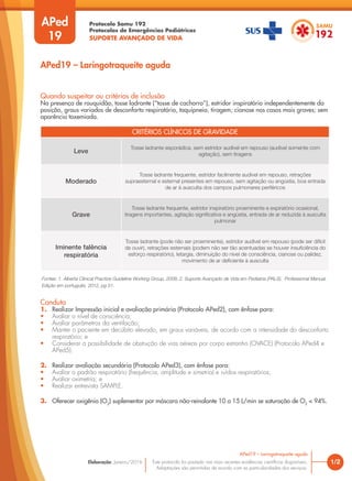 Protocolo Samu 192
Protocolos de Emergências Pediátricas
SUPORTE AVANÇADO DE VIDA
Este protocolo foi pautado nas mais recentes evidências científicas disponíveis.
Adaptações são permitidas de acordo com as particularidades dos serviços.
Elaboração: Janeiro/2016
Quando suspeitar ou critérios de inclusão
Na presença de rouquidão, tosse ladrante (“tosse de cachorro”), estridor inspiratório independentemente da
posição, graus variados de desconforto respiratório, taquipneia, tiragem; cianose nos casos mais graves; sem
aparência toxemiada.
1/2
APed19 – Laringotraqueíte aguda
APed19 – Laringotraqueíte aguda
APed
19
CRITÉRIOS CLÍNICOS DE GRAVIDADE
Leve
Tosse ladrante esporádica, sem estridor audível em repouso (audível somente com
agitação), sem tiragens
Moderado
Tosse ladrante frequente, estridor facilmente audível em repouso, retrações
supraesternal e esternal presentes em repouso, sem agitação ou angústia, boa entrada
de ar à ausculta dos campos pulmonares periféricos
Grave
Tosse ladrante frequente, estridor inspiratório proeminente e expiratório ocasional,
tiragens importantes, agitação significativa e angústia, entrada de ar reduzida à ausculta
pulmonar
Iminente falência
respiratória
Tosse ladrante (pode não ser proeminente), estridor audível em repouso (pode ser difícil
de ouvir), retrações esternais (podem não ser tão acentuadas se houver insuficiência do
esforço respiratório), letargia, diminuição do nível de consciência, cianose ou palidez,
movimento de ar deficiente à ausculta
Fontes: 1. Alberta Clinical Practice Guideline Working Group, 2008; 2. Suporte Avançado de Vida em Pediatria (PALS). Professional Manual.
Edição em português, 2012, pg 51.
Conduta
1. Realizar Impressão inicial e avaliação primária (Protocolo APed2), com ênfase para:
• Avaliar o nível de consciência;
• Avaliar parâmetros da ventilação;
• Manter o paciente em decúbito elevado, em graus variáveis, de acordo com a intensidade do desconforto
respiratório; e
• Considerar a possibilidade de obstrução de vias aéreas por corpo estranho (OVACE) (Protocolo APed4 e
APed5).
2. Realizar avaliação secundária (Protocolo APed3), com ênfase para:
• Avaliar o padrão respiratório (frequência, amplitude e simetria) e ruídos respiratórios;
• Avaliar oximetria; e
• Realizar entrevista SAMPLE.
3. Oferecer oxigênio (O2
) suplementar por máscara não-reinalante 10 a 15 L/min se saturação de O2
< 94%.
 