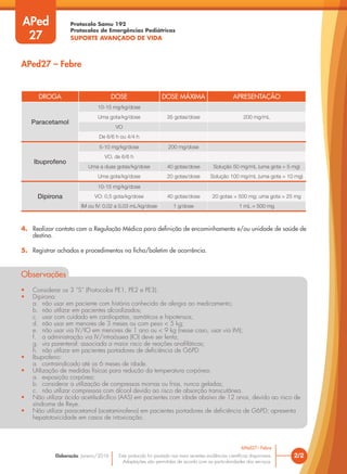 Protocolo Samu 192
Protocolos de Emergências Pediátricas
SUPORTE AVANÇADO DE VIDA
Este protocolo foi pautado nas mais recentes evidências científicas disponíveis.
Adaptações são permitidas de acordo com as particularidades dos serviços.
Elaboração: Janeiro/2016
DROGA DOSE DOSE MÁXIMA APRESENTAÇÃO
Paracetamol
10-15 mg/kg/dose
Uma gota/kg/dose 35 gotas/dose 200 mg/mL
VO
De 6/6 h ou 4/4 h
Ibuprofeno
5-10 mg/kg/dose 200 mg/dose
VO, de 6/6 h
Uma a duas gotas/kg/dose 40 gotas/dose Solução 50 mg/mL (uma gota = 5 mg)
Uma gota/kg/dose 20 gotas/dose Solução 100 mg/mL (uma gota = 10 mg)
Dipirona
10-15 mg/kg/dose
VO: 0,5 gota/kg/dose 40 gotas/dose 20 gotas = 500 mg; uma gota = 25 mg
IM ou IV: 0,02 a 0,03 mL/kg/dose 1 g/dose 1 mL = 500 mg
2/2
APed27– Febre
APed27 – Febre
APed
27
4. Realizar contato com a Regulação Médica para definição de encaminhamento e/ou unidade de saúde de
destino.
5. Registrar achados e procedimentos na ficha/boletim de ocorrência.
Observações
• Considerar os 3 “S” (Protocolos PE1, PE2 e PE3).
• Dipirona:
a. não usar em paciente com história conhecida de alergia ao medicamento;
b. não utilizar em pacientes alcoolizados;
c. usar com cuidado em cardiopatas, asmáticos e hipotensos;
d. não usar em menores de 3 meses ou com peso < 5 kg;
e. não usar via IV/IO em menores de 1 ano ou < 9 kg (nesse caso, usar via IM);
f. a administração via IV/intraóssea (IO) deve ser lenta;
g. via parenteral: associada a maior risco de reações anafiláticas;
h. não utilizar em pacientes portadores de deficiência de G6PD.
• Ibuprofeno:
a. contraindicado até os 6 meses de idade.
• Utilização de medidas físicas para redução da temperatura corpórea:
a. exposição corpórea;
b. considerar a utilização de compressas mornas ou frias, nunca geladas;
c. não utilizar compressas com álcool devido ao risco de absorção transcutânea.
• Não utilizar ácido acetilsalicílico (AAS) em pacientes com idade abaixo de 12 anos, devido ao risco de
síndrome de Reye.
• Não utilizar paracetamol (acetaminofeno) em pacientes portadores de deficiência de G6PD; apresenta
hepatotoxicidade em casos de intoxicação.
 