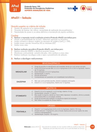 Protocolo Samu 192
Protocolos de Emergências Pediátricas
SUPORTE AVANÇADO DE VIDA
Este protocolo foi pautado nas mais recentes evidências científicas disponíveis.
Adaptações são permitidas de acordo com as particularidades dos serviços.
Elaboração: Janeiro/2016 1/2
APed31 – Sedação
APed
31
Quando suspeitar ou critérios de inclusão
• Quadro de agitação e/ou agressividade;
• Situações de estresse: dor intensa, necessidade de realização de procedimentos;
• Necessidade de acesso à via aérea definitiva e manutenção do suporte ventilatório.
Conduta
1. Realizar a impressão inicial e avaliação primária (Protocolo APed2) com ênfase para:
• Manter a permeabilidade da via área, realizando aspiração se necessário;
• Avaliar oximetria e oferecer oxigênio se saturação de oxigênio (SatO2
) < 94%;
• Instalar acesso vascular intravenoso (IV) ou intraósseo (IO);
• Avaliar sinais vitais.
2. Realizar avaliação secundária (Protocolo APed3), com ênfase para:
• Realizar entrevista SAMPLE e identificar possíveis causas;
• Monitorizar continuamente: oximetria de pulso, ritmo cardíaco e sinais vitais;
• Realizar avaliação neurológica antes e após o procedimento de sedação.
3. Realizar a abordagem medicamentosa:
APed31 – Sedação
BENZODIAZEPÍNICOS
MIDAZOLAM
• Droga de escolha no atendimento pré-hospitalar devido ao curto tempo de ação.
• Dose IV/IO/intramuscular (IM): 0,2 a 0,3 mg/kg/dose (0,04 a 0,06 mL/kg/dose), máximo
de 10 mg/dose.
• Dose intranasal: 0,4 a 0,5 mg/kg/dose.
• Apresentação: 5 mg/mL.
• Infundir lentamente.
• Contraindicado em pacientes com instabilidade hemodinâmica.
DIAZEPAM
• Não usar como primeira escolha, devido à sedação prolongada.
• Dose IV: 0,1 a 0,3 mg/kg/dose, máximo de 10 mg/dose.
HIPNÓTICOS
ETOMIDATO
• Dose IV: 0,2 a 0,4 mg/kg (0,1 a 0,2 mL/kg), máximo 10 mg.
• Apresentação: ampola = 2 mg/mL.
• Boa opção no trauma, devido ao menor efeito depressor circulatório, diminui a pressão
intracraniana (PIC) e a circulação cerebral.
• Droga de escolha para sedação na sequência rápida de intubação.
• Não utilizar na suspeita de choque séptico.
OPIOIDES
FENTANILA
• Dose IV: 1 a 2 mcg/kg/dose (0,02 a 0,04 mL/kg/dose), máximo 100 mcg.
• Infusão lenta de 1 mcg/kg/min, pois a infusão rápida pode provocar rigidez da caixa
torácica e laringoespasmo.
• Apresentação: ampola = 50 mcg/mL.
 