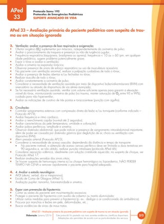 Protocolo Samu 192
Protocolos de Emergências Pediátricas
SUPORTE AVANÇADO DE VIDA
Este protocolo foi pautado nas mais recentes evidências científicas disponíveis.
Adaptações são permitidas de acordo com as particularidades dos serviços.
Elaboração: Janeiro/2016
2. Ventilação: avaliar a presença de boa respiração e oxigenação:
• Ofertar oxigênio (O2
) suplementar por máscara, independentemente da oximetria de pulso;
• Avaliar o posicionamento da traqueia e presença ou não de turgência jugular;
• Frequência respiratória (taquipneia, bradipneia ou apneia): frequência < 10 ou > 60 ipm, em qualquer
idade pediátrica, sugere problema potencialmente grave;
• Expor o tórax e avaliar a ventilação;
• Avaliar a simetria na expansão torácica;
• Observar presença de sinais de esforço respiratório ou uso de musculatura acessória;
• No paciente com ventilação anormal, realizar a palpação cuidadosa de todo o tórax;
• Avaliar a presença de lesões abertas e/ou fechadas no tórax;
• Realizar ausculta de todo o tórax;
• Avaliar constantemente a oximetria de pulso;
• Considerar a necessidade de ventilação assistida por meio de dispositivo bolsa-valva-máscara (BVM) com
reservatório ou através de dispositivos de via aérea avançada;
• Se for necessária ventilação assistida, ventilar com volume suficiente apenas para garantir a elevação
visível do tórax, monitorizando oximetria de pulso (no trauma, manter saturação de O2
entre 95 e 99%);
cuidado para não hiperventilar;
• Avaliar as indicações de curativo de três pontas e toracocentese (punção com agulha).
3. Circulação:
• Controlar sangramentos externos com compressão direta da lesão e/ou torniquete (conforme indicado –
Protocolo AP19);
• Avaliar frequência e ritmo cardíaco;
• Avaliar o reenchimento capilar (normal até 2 segundos);
• Avaliar características da pele (temperatura, umidade e coloração);
• Avaliar pulsos periféricos: amplitude e simetria;
• Observar distensão abdominal, que pode indicar a presença de sangramento intra-abdominal importante,
além de poder ser causada por distensão gástrica (por deglutição de ar, choro ou ventilação com
dispositivo BVM);
• Aferir pressão arterial (Protocolo AP23);
• Considerar a necessidade de acesso vascular, dependendo da distância e tempo de transporte:
• No paciente instável, a obtenção de acesso venoso periférico deve ser limitada a duas tentativas em
90 segundos e, se não obtido, realizar punção intraóssea (protocolo APed 46);
• Considerar reposição volêmica, idealmente com solução cristaloide aquecida; na suspeita de choque, ver
Protocolo APed 17;
• Realizar avaliações seriadas dos sinais vitais;
• Se houver suspeita de hemorragia interna e/ou choque hemorrágico ou hipovolemia, NÃO PERDER
TEMPO NA CENA e remover rapidamente o paciente para hospital adequado.
4. 4. Avaliar o estado neurológico:
• AVDI (alerta, verbal, dor e irresponsivo);
• Escala de Coma de Glasgow (APed 1);
• Avaliação pupilar: tamanho, fotorreatividade e simetria.
5. Expor com prevenção da hipotermia:
• Cortar as vestes do paciente sem movimentação excessiva;
• Proteger o paciente da hipotermia com auxílio de cobertor ou manta aluminizada;
• Utilizar outras medidas para prevenir a hipotermia (p. ex.: desligar o ar condicionado da ambulância);
• Procurar por manchas e lesões em pele, deformidades, etc.;
• Buscar evidências de sinais de maus tratos.
2/3
APed 33 – Avaliação primária do paciente pediátrico com suspeita de trauma ou em situação ignorada
APed 33 – Avaliação primária do paciente pediátrico com suspeita de trau-
ma ou em situação ignorada
APed
33
 