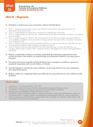 Protocolo Samu 192
Protocolos de Emergências Pediátricas
SUPORTE AVANÇADO DE VIDA
Este protocolo foi pautado nas mais recentes evidências científicas disponíveis.
Adaptações são permitidas de acordo com as particularidades dos serviços.
Elaboração: Abril/2016 2/2
APed 36 – Afogamento
APed 36 – Afogamento
APed
36
2. Estabelecer a conduta para o grau encontrado, conforme indicado abaixo:
• Grau 1: transportar para hospital, mesmo que totalmente assintomático, para que permaneça em
observação nas primeiras horas;
• Grau 2: oxigenioterapia em baixo fluxo e transportar ao hospital para internação;
• Grau 3: oxigenioterapia em alto fluxo (por máscara facial ou via aérea avançada) e transportar ao hospital
para internação;
• Grau 4: oxigenioterapia em alto fluxo (por máscara facial ou via aérea avançada), reposição volêmica
com cristaloide, considerar infusão de diurético e droga vasoativa (se disponível) e, se possível, transportar
a um hospital com UTI;
• Grau 5: atender conforme protocolo de parada respiratória em suporte avançado de vida (SAV); em caso
de respiração espontânea, seguir conforme orientações do grau 4;
• Grau 6: atender conforme protocolo de PCR em SAV, lembrando que, na vítima de submersão, as
manobras devem seguir o padrão A-B-C, sendo priorizada a abordagem da via aérea (permeabilidade e
ventilação).
3. Realizar a mobilização cuidadosa e considerar necessidade de imobilização adequada da coluna
cervical, do tronco e dos membros, em prancha longa com alinhamento anatômico, sem atraso para o
transporte.
4. Na ausência de trauma associado ou diante de demora para o transporte, providenciar repouso em
posição de recuperação, pelo risco de vômitos, se indicado.
5. Controlar hipotermia: retirada das roupas molhadas, uso de mantas térmicas e/ou outros dispositivos
para aquecimento passivo.
6. Realizar contato com a Regulação Médica para definição do encaminhamento e/ou da unidade de saúde
de destino.
Observações:
• Considerar os 3 “S” (Protocolos PE1, PE2, PE3).
• Atentar para o direito da criança de ter um acompanhante (responsável legal ou outro).
• Considerar a cinemática do trauma e sempre buscar possíveis lesões associadas.
• Atenção para a possibilidade de lesão de coluna cervical.
• ATENÇÃO: todas os pacientes pediátricos vítimas de submersão, mesmo que assintomáticos, devem ser
transportados para o hospital, devido à possibilidade de aparecimento tardio de sintomas respiratórios.
• Todos os pacientes com PCR devem ser transportados para o hospital, pois deverão receber esforços de
ressuscitação por período mais prolongado.
 