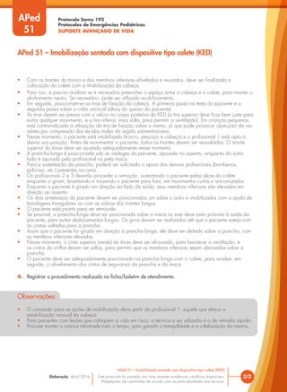 Protocolo Samu 192
Protocolos de Emergências Pediátricas
SUPORTE AVANÇADO DE VIDA
Este protocolo foi pautado nas mais recentes evidências científicas disponíveis.
Adaptações são permitidas de acordo com as particularidades dos serviços.
Elaboração: Abril/2016
• Com os tirantes do tronco e dos membros inferiores afivelados e revisados, deve ser finalizada a
colocação do colete com a imobilização da cabeça.
• Para isso, é preciso analisar se é necessário preencher o espaço entre a cabeça e o colete, para manter o
alinhamento neutro. Se necessário, pode ser utilizado acolchoamento.
• Em seguida, posicionam-se as tiras de fixação da cabeça. A primeira passa na testa do paciente e a
segunda passa sobre o colar cervical (altura do queixo do paciente).
• As tiras devem ser presas com o velcro no corpo posterior do KED (a tira superior deve ficar bem justa para
evitar qualquer movimento, e a tira inferior, mais solta, para permitir a ventilação). Em crianças pequenas,
está contraindicada a utilização da tira de fixação sobre o mento, já que pode provocar obstrução da via
aérea por compressão dos tecidos moles da região submentoniana.
• Nesse momento, o paciente está imobilizado (tronco, pescoço e cabeça) e o profissional 1 está apto a
deixar sua posição. Antes de movimentar o paciente, todos os tirantes devem ser reavaliados. O tirante
superior do tórax deve ser ajustado adequadamente nesse momento.
• A prancha longa é posicionada sob as nádegas do paciente, apoiada no assento, enquanto do outro
lado é apoiada pelo profissional ou pela maca.
• Para a sustentação da prancha, poderá ser solicitado o apoio dos demais profissionais (bombeiros,
policiais, etc.) presentes na cena.
• Os profissionais 2 e 3 deverão proceder a remoção, sustentando o paciente pelas alças do colete
enquanto o giram, levantando e movendo o paciente para fora, em movimentos curtos e sincronizados.
• Enquanto o paciente é girado em direção ao lado da saída, seus membros inferiores são elevados em
direção ao assento.
• Os dois antebraços do paciente devem ser posicionados um sobre o outro e imobilizados com a ajuda de
bandagens triangulares ou com as sobras dos tirantes longos.
• O paciente está pronto para ser removido.
• Se possível, a prancha longa deve ser posicionada sobre a maca ou esta deve estar próxima à saída do
paciente, para evitar deslocamentos longos. Os giros devem ser realizados até que o paciente esteja com
as costas voltadas para a prancha.
• Assim que o paciente for girado em direção à prancha longa, ele deve ser deitado sobre a prancha, com
os membros inferiores elevados.
• Nesse momento, o cinto superior (verde) do tórax deve ser afrouxado, para favorecer a ventilação, e
os cintos da virilha devem ser soltos, para permitir que os membros inferiores sejam abaixados sobre a
prancha.
• O paciente deve ser adequadamente posicionado na prancha longa com o colete, para receber, em
seguida, o afivelamento dos cintos de segurança da prancha e da maca.
4. Registrar o procedimento realizado na ficha/boletim de atendimento.
Observações:
• O comando para as ações de mobilização deve partir do profissional 1, aquele que efetua a
estabilização manual da cabeça.
• Para pacientes com lesões que coloquem a vida em risco, a técnica a ser utilizada é a de retirada rápida.
• Procurar manter a criança informada todo o tempo, para garantir a tranquilidade e a colaboração da mesma.
2/2
APed 51 – Imobilização sentada com dispositivo tipo colete (KED)
APed 51 – Imobilização sentada com dispositivo tipo colete (KED)
APed
51
 