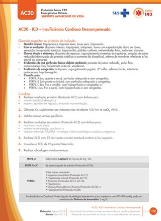 SUPORTE AVANÇADO DE VIDA
Protocolo Samu 192
Emergências Clínicas
1/2
AC20 - ICD – Insuficiência Cardíaca Descompensada
AC20 - ICD – Insuﬁciência Cardíaca Descompensada
Este protocolo foi pautado nas mais recentes evidências cientíﬁcas disponíveis.
Adaptações são permitidas de acordo com as particularidades dos serviços.
Elaboração: Agosto/2014
Revisão: Abril/2015
AC20
Quando suspeitar ou critérios de inclusão:
• Quadro inicial: taquipneia e dispneia leves, tosse seca, hipoxemia.
• Com a evolução: dispneia intensa, taquipneia, ortopneia, tosse com expectoração clara ou rósea,
sensação de opressão torácica, taquicardia, palidez cutânea, extremidades frias, sudorese, cianose.
• Outros sinais e sintomas: dispneia de repouso, ingurgitamento simétrico de jugulares, pressão de pulso
reduzida (diminuição da pressão sistólica e aumento da diastólica), edema de membros inferiores e/ou
sacral ou anasarca.
• Evidências de má perfusão (baixo débito cardíaco): pressão de pulso reduzida, pulso ﬁno,
extremidades frias, hipotensão arterial, sonolência.
• Evidências de congestão: ortopneia, ingurgitamento jugular, 3ª bulha, edema/ascite, estertores
pulmonares, hepatomegalia.
• Classificação:
• PERFIL A (ou quente e seco): perfusão adequada e sem congestão;
• PERFIL B (ou quente e úmido): com perfusão adequada e congestão;
• PERFIL C (ou frio e úmido): com hipoperfusão e congestão; e
• PERFIL L (ou frio e seco): com hipoperfusão e sem congestão.
Conduta
1. Realizar avaliação primária (Protocolo AC1) com ênfase para:
• manter decúbito elevado; e
• manter paciente em repouso, evitando movimentação.
2. Oferecer O2
suplementar por máscara não reinalante 10L/min se satO2
<94%.
3. Instalar acesso venoso periférico.
4. Realizar avaliação secundária (Protocolo AC2) com ênfase para:
• monitorar sinais vitais;
• manter monitorização cardíaca; e
• realizar entrevista SAMPLA - investigar história patológica cardíaca pregressa.
5. Realizar ECG com 12 derivações e tratar eventual arritmia e/ou isquemia.
6. Considerar ECG de 2ªopinião/Telecárdio.
7. Realizar abordagem medicamentosa:
PERFIL A Administrar Captopril 25 mg ou 50 mg VO.
PERFIL B e C Se edema agudo de pulmão (Protocolo AC24).
PERFIL L
Tratar causa reversíveis:
• Isquemia miocárdica (Protocolo AC17);
• Hipertensão arterial (Protocolo AC19);
• Arritmias (Protocolos AC13, AC14);
• Hipertermia;
• Choque Hipovolêmico/Anemia (Protocolo AC16); e
• Hiperglicemia (Protocolo AC28).
Na Insuﬁciência Cardíaca Direita Aguda de etiologia hipertensiva e/ou isquêmica com PAS>90 mmHg pode ser
administrado Dinitrato de Isossorbida 5 mg SL.
 