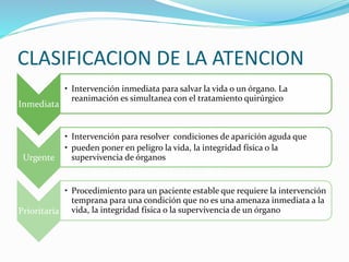 CLASIFICACION DE LA ATENCION
Inmediata
• Intervención inmediata para salvar la vida o un órgano. La
reanimación es simultanea con el tratamiento quirúrgico
Urgente
• Intervención para resolver condiciones de aparición aguda que
• pueden poner en peligro la vida, la integridad física o la
supervivencia de órganos
Prioritaria
• Procedimiento para un paciente estable que requiere la intervención
temprana para una condición que no es una amenaza inmediata a la
vida, la integridad física o la supervivencia de un órgano
 