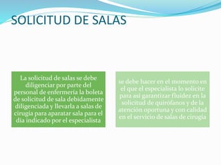 SOLICITUD DE SALAS
La solicitud de salas se debe
diligenciar por parte del
personal de enfermería la boleta
de solicitud de sala debidamente
diligenciada y llevarla a salas de
cirugía para aparatar sala para el
día indicado por el especialista
se debe hacer en el momento en
el que el especialista lo solicite
para así garantizar fluidez en la
solicitud de quirófanos y de la
atención oportuna y con calidad
en el servicio de salas de cirugía
 