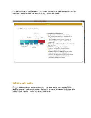 La relación insomnio- enfermedad psiquiátrica es frecuente y es el diagnóstico más
común en pacientes que son atendidos en “Centros de Sueño”.
Estructura del sueño
El ciclo vigilia-sueño es un ritmo circadiano y la alternancia entre sueño REM y
NoREM tiene un carácter ultradiano. Se relaciona con la temperatura corporal y la
secreción de cortisol y de hormona de crecimiento
 