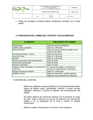 E.S.E HOSPITAL SAN VICENTE DE PAUL
SAN JUAN DE RIOSECO
CALLE 4 NO 1-52 BARRIO SAN VICENTE
VERSIÓN: 02
PROTOCOLO DE VENOPUNCION Página 19 de 24
CÓDIGO:
PROCESO:
PRIORITARIOS
FECHA :MARZODE 2017
• Todas las entradas al sistema deben mantenerse cerradas con la tapa
estéril.
7.4 FRECUENCIA DEL CAMBIO DEL CATETER Y SUS ELEMENTOS
ELEMENTO FRECUENCIA DE CAMBIO
Esparadrapo Cada vez que se humedezca
Catéter (yelco y adapter) Cada 72 a 96 horas
Sitio de Punción Cada vez que se cambia el catéter o hay
evidencia de flebitis
Venoequipo (macro – micro) Cada 72 a 96 horas
Llave de 3 vías Cada 72 a 96 horas
Buretrol Cada 72 a 96 horas
Equipo usado para nutrición parenteral Cada 24 horas
Soluciones parenterales Cada 24 horas
Nutrición parenteral Cada 12 horas
Catéter y líneas instaladas en el servicio de
urgencias
En cuanto sea posible, o al ingresar al
servicio de hospitalización o quirúrgico
Equipo bomba de infusión Cada 72 a 96 horas
Catéter central Debe ser removido, cuando cesa su
objetivo o hay sospecha de infección
7.5 RETIRO DEL CATETER
• Retirar los catéteres venosos periféricos si los pacientes desarrollan
signos de flebitis (calor, sensibilidad, eritema o cordón venoso
palpable), infección y cuando se detecte mal funcionamiento del
catéter.
• Se deben detener las infusiones siempre que el paciente se queje
de dolor, ardor o escozor en el punto de inserción, en la punta del
catéter o en la trayectoria de la vena y valorar la posible
intervención.
• Retirar el catéter intravascular en cuanto no sea necesario.
 