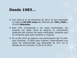 Desde 1983… 
 Con corte al 31 de diciembre de 2012, se han reportado 
un total de 83.938 casos de infección por VIH y Sida y 
10.633 fallecidos. 
 Esta cifra corresponde a los casos acumulados. De 
acuerdo con estas cifras se observa un crecimiento 
sostenido del número de casos notificados, situación que 
se comporta igual para hombres y mujeres. 
 En el año 2012 se observó una participación del 72,16% 
para hombres, 27,84% para mujeres, observándose una 
razón de masculinidad que desciende de 10:1 en la 
década de los noventa a 2,59 en el 2012. 
 