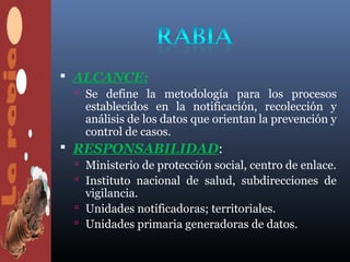  ALCANCE:
  Se define la metodología para los procesos
   establecidos en la notificación, recolección y
   análisis de los datos que orientan la prevención y
   control de casos.
 RESPONSABILIDAD:
  Ministerio de protección social, centro de enlace.
  Instituto nacional de salud, subdirecciones de
   vigilancia.
  Unidades notificadoras; territoriales.
  Unidades primaria generadoras de datos.
 