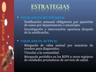  VIGILANCIA RUTINARIA:
   Notificación semanal obligatoria por aparición
    de casos por departamento o municipio
   Investigación y intervención oportuna después
    de la notificación.

 VIGILANCIA ACTIVA:
   Búsqueda de rabia animal por muestras de
    cerebro para diagnostico.
   Vincular a la comunidad.
   Búsqueda periódica en los RIPS u otros registros
    de entidades prestadoras de servicio de salud.
 