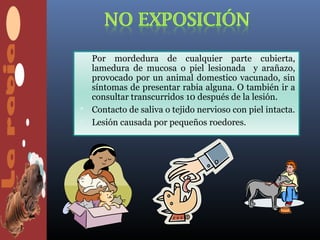  Por  mordedura de cualquier parte cubierta,
  lamedura de mucosa o piel lesionada y arañazo,
  provocado por un animal domestico vacunado, sin
  síntomas de presentar rabia alguna. O también ir a
  consultar transcurridos 10 después de la lesión.
 Contacto de saliva o tejido nervioso con piel intacta.
 Lesión causada por pequeños roedores.
 