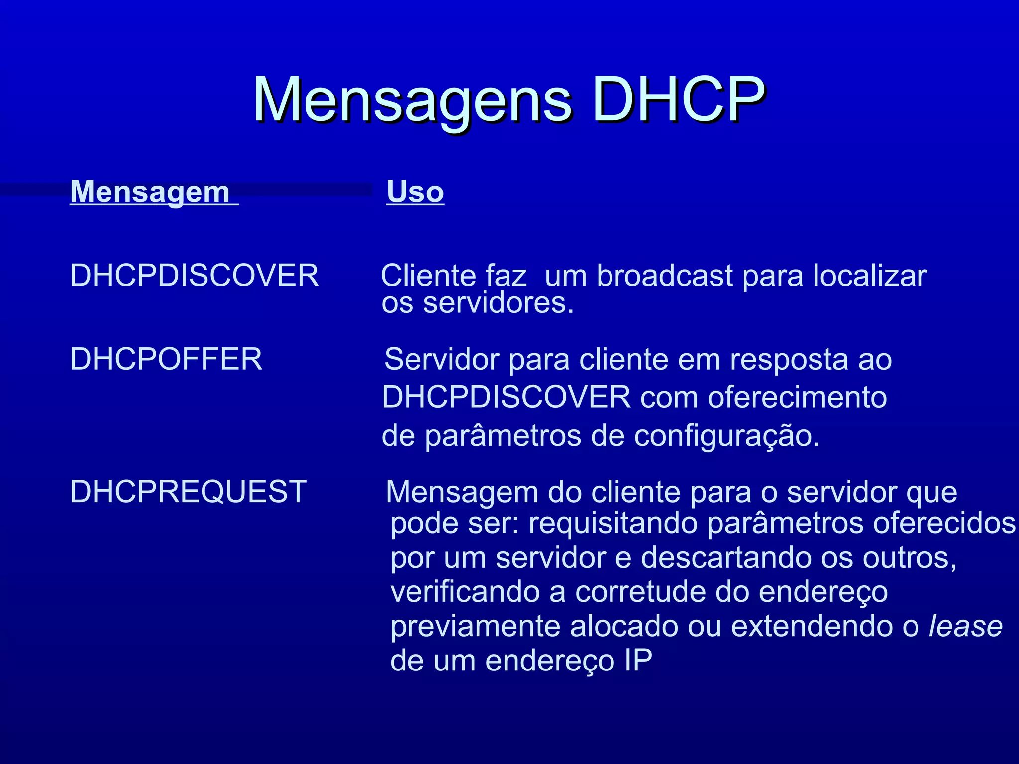 Mensagens DHCP
Mensagem       Uso

DHCPDISCOVER   Cliente faz um broadcast para localizar
               os servidores.
DHCPOFFER      Servidor para cliente em resposta ao
               DHCPDISCOVER com oferecimento
               de parâmetros de configuração.
DHCPREQUEST    Mensagem do cliente para o servidor que
               pode ser: requisitando parâmetros oferecidos
               por um servidor e descartando os outros,
               verificando a corretude do endereço
               previamente alocado ou extendendo o lease
               de um endereço IP
 